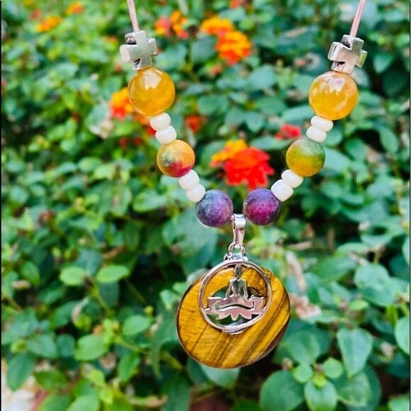 Tigers Eye Yoga Gemstone Leather Adjustable Necklace - Picture 4 of 5